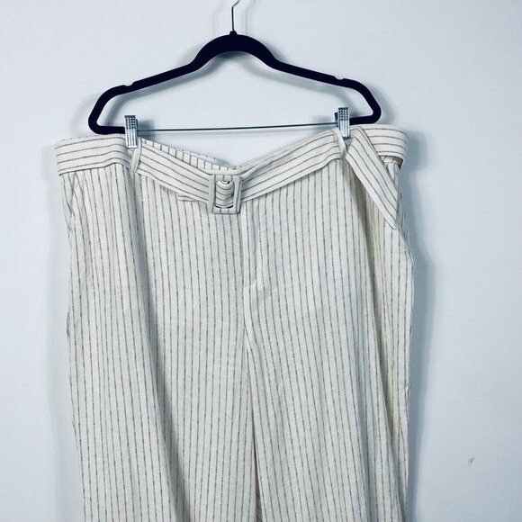 Lane Bryant Linen Blend Wide-Leg Cream & Brown Pinstripe Belted Pants Size 24 - Picture 3 of 11